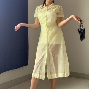 60s vintage sheer pastel yellow button midi dress